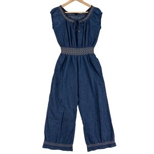 Indigo & Lace Jumpsuit Womens Size Medium Blue Wide Leg Crop Smocked Waist Boho